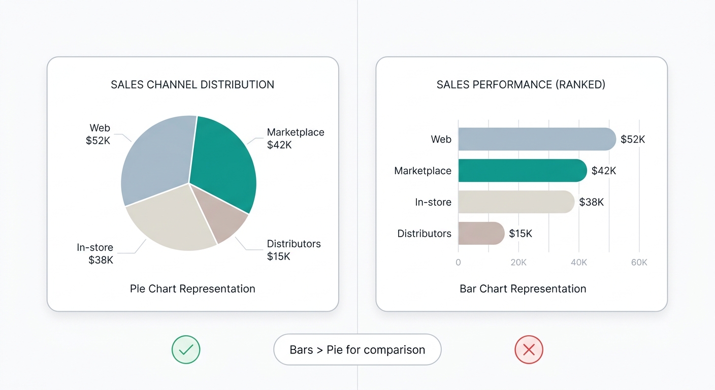 Comparison of the same data shown as a pie chart vs horizontal bar chart