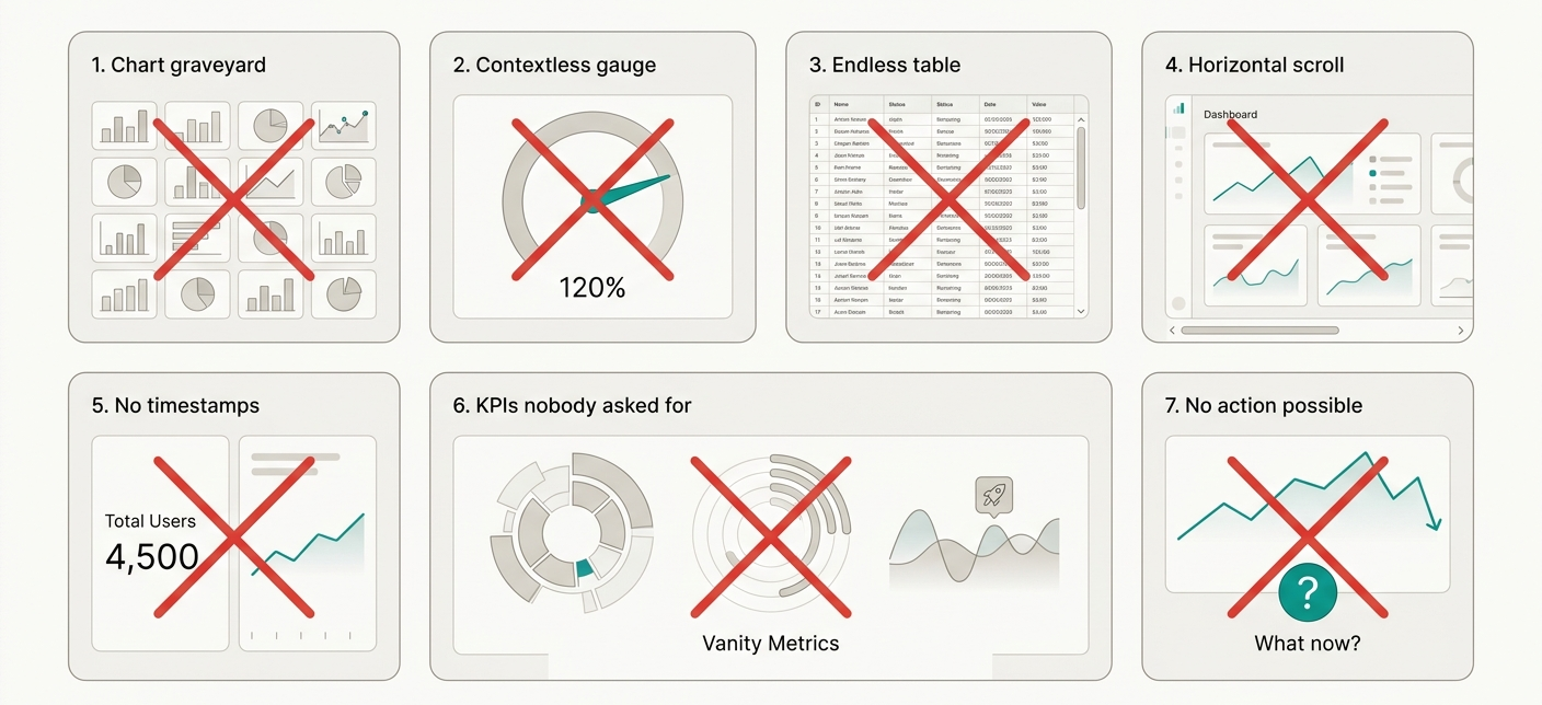 Illustration of common dashboard anti-patterns: decorative charts, missing hierarchy, and contextless data