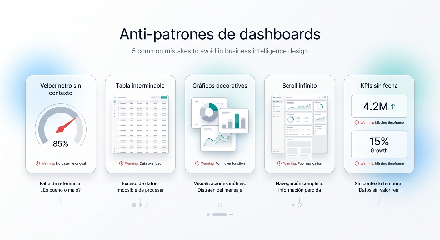 Ilustración de anti-patrones comunes en dashboards: gráficos decorativos, jerarquía ausente y datos sin contexto