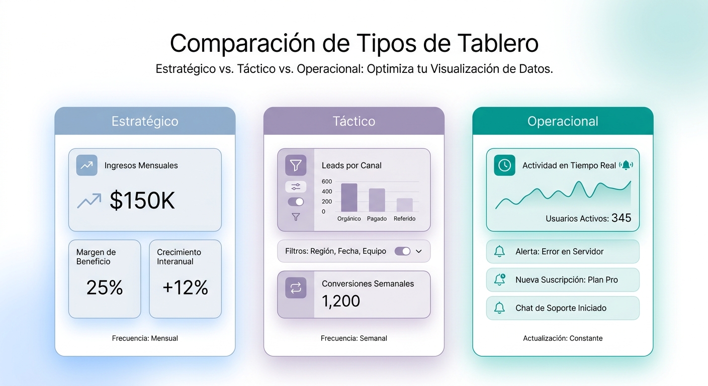 Comparación de los tres tipos de dashboards: estratégico (vista ejecutiva), táctico (gestión departamental) y operacional (detalle diario)