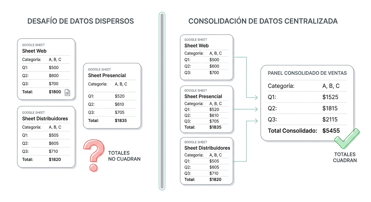 Tres hojas de cálculo separadas con números inconsistentes vs dashboard consolidado