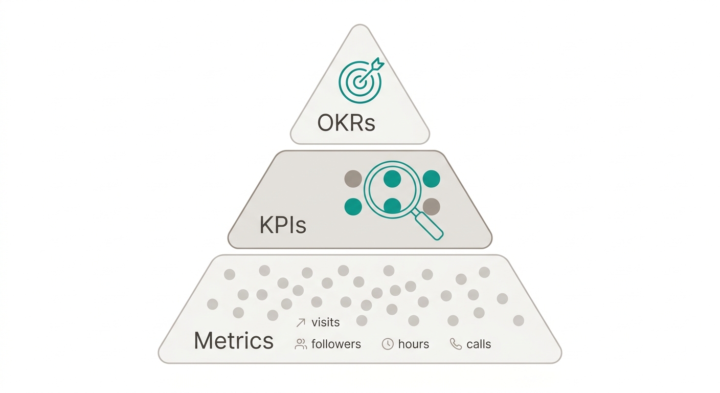 Measurement pyramid: metrics, KPIs, and OKRs ordered from operational to strategic