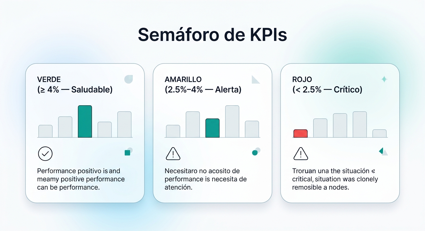 Semáforo de KPIs con umbrales verde, amarillo y rojo para tasa de conversión